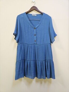 CASA DONNA Linen Blend Tiered Babydoll Tunic Dress Top Blue Short Sleeve Large